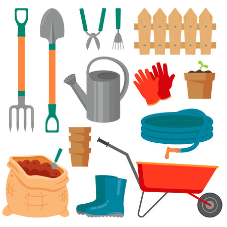 Big Collection Of Equipment For Gardening. Vector Illustration In Flat Styleのイラスト素材