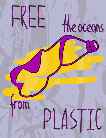 Free The Oceans From Plastic. Ecology Poster With Crumpled Bottle. Vector Illustrationのイラスト素材