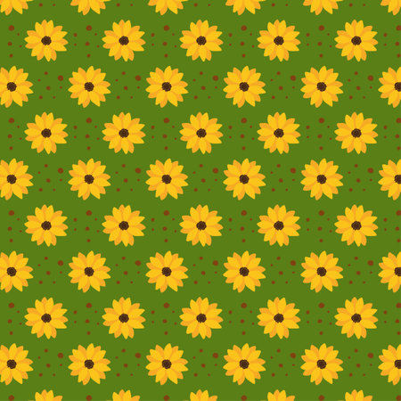 Sunflowers Pattern On Green Background. Summer Concept For Fabric. Vector Illustration In Flat Styleのイラスト素材