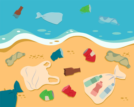 Dirty Sea Shore. Plastic Trash, Rubbish On The Beach. Ecology Problem Flat Style Vector Illustrationのイラスト素材
