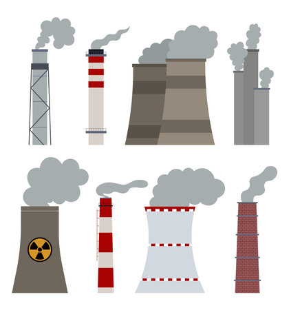 Factory Chimney Collection. Vector Flat Designのイラスト素材