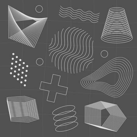 Geometrical Futuristic 3d Shapes. Abstract Wireframe Voluminous Vector Elements Designのイラスト素材