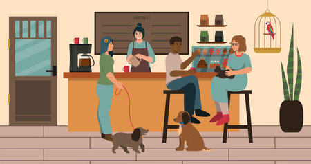 Concept Of Pet Friendly Cafe, Restaraunt Interior. Vector Flat Style Illustrationのイラスト素材