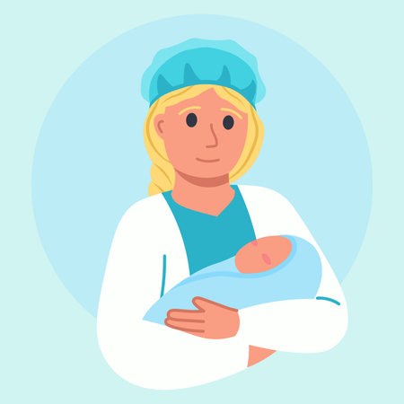 Portrait Of Midwife, Nurse, Nunny With Newborn Baby, Vector Flat Style Illustrationのイラスト素材
