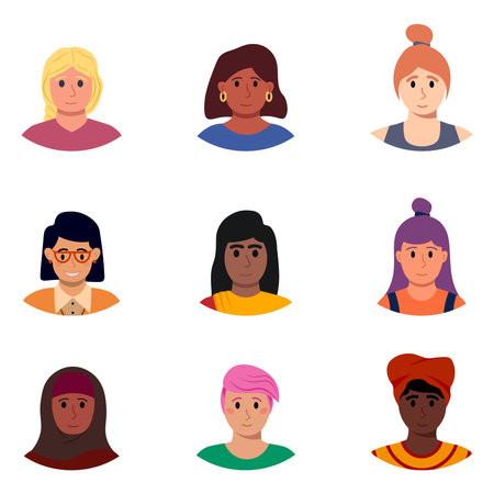 Set Of Different Women Portrait. Divercity Of Girls Faces. Vector Flat Illustrationのイラスト素材