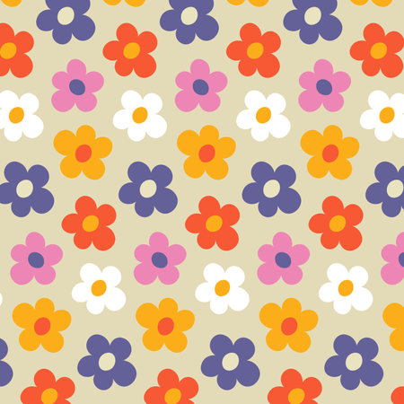 Retro Flower Pattern. 1960 style. Hippie Colorful Background. Vector Flat Illustrationのイラスト素材