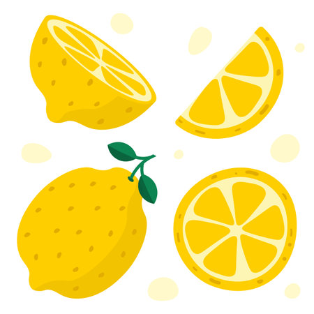 Hand Drawn Lemon. Half Of Lemon, Slice. Colorful Flat Style Vector Illustrationのイラスト素材