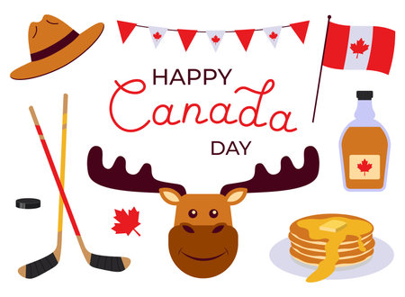 Happy Canada Day Collection Of Decoration. Vector Illustration In Flat Styleのイラスト素材