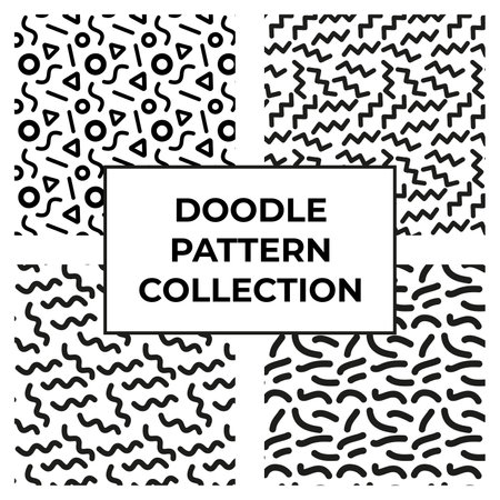 Doodle Geometric Pattern Collection With Squiggles. Vector Background Illustrationのイラスト素材