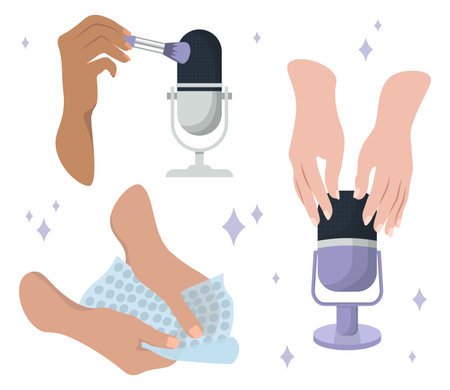 Set With Hands Creating ASMR Content. Blogging Concept. Vector Illustration In Flat Styleのイラスト素材