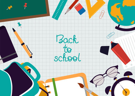 Back To School Background Set With Supplies. Vector Illustration In Flat Styleのイラスト素材