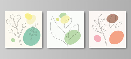Set Of Interiors Posters In Contemporary Style. Floral Pastel Vector Illustrationのイラスト素材