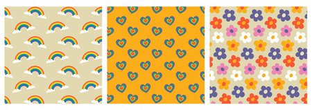 Set Of Retro Patterns. 1960 Design. Hippie Decoration. Vector Flat Illustrationのイラスト素材