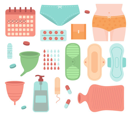 Menstrual Period Set. Pads, Menstrual Cup, Underwear. Vector Concept Illustration In Flat Styleのイラスト素材