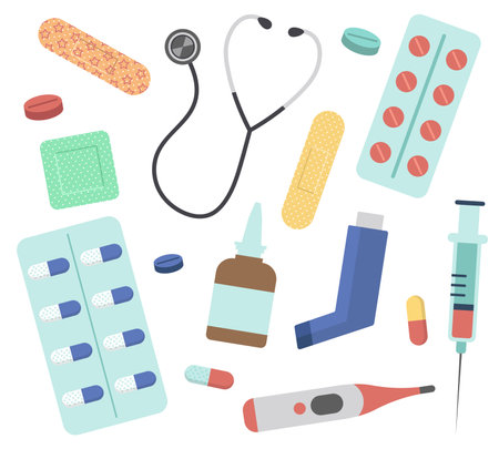 Collection Of Medical Isolated Icons. Pills, Plasters, Medicines Vector Illustration In Flat Styleのイラスト素材