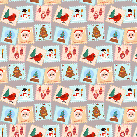 Christmas Pattern With Post Stamps. Colorful Vector Illustration In Flat Style For Backgroundのイラスト素材