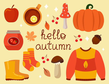 Hello Autumn Set Of Isolated Objects. Vector Illustration In Flat Styleのイラスト素材