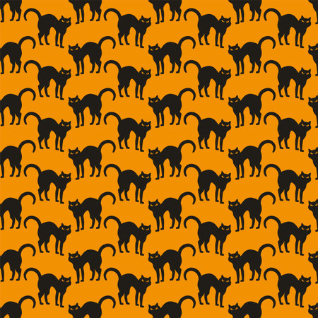 Happy Halloween Pattern With Black Cats. Flat Vector Illustrationのイラスト素材