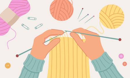 Hands With Knitting. Concept Of Handmade, Hobbie. Vector Illustration In Flat Styleのイラスト素材