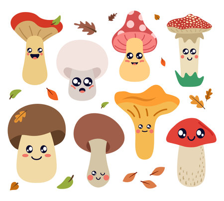 Sticker Pack, Set With Funny Mushrooms With Faces. Vector Flat Illustrationのイラスト素材