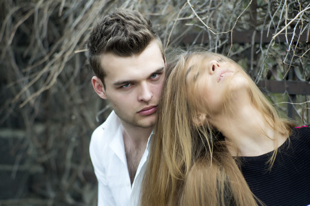 Girl with a beautiful hair and boy looking forward, horizontal pictureの写真素材