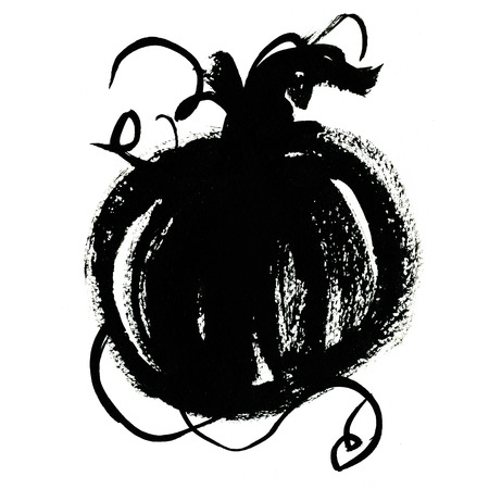 Art freehand watercolor sketch illustration of one black halloween or cinderella pumpkin vegetable on white background, square pictureの写真素材
