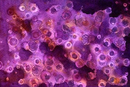 Abstract colorful watercolor painted illustration wallpaper violet lilac purple and brown mixed colours with round stains background, horizontal pictureの写真素材