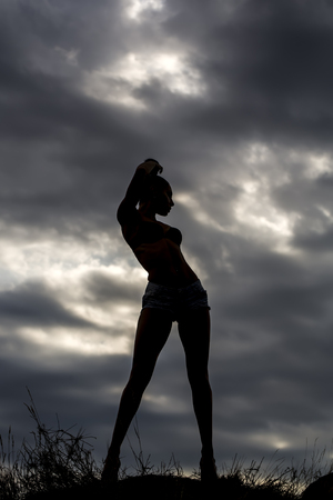 Full length black silhouette view of young girl with straight beautiful body standing on grass outdoor in dusk on gray cumulus rainy clouds and moody sky natural background, vertical pictureの写真素材