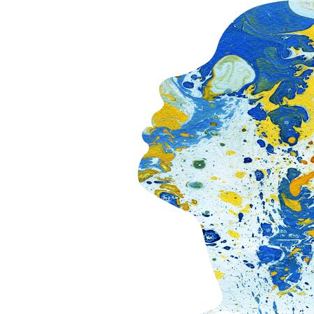 Abstract raster watercolor hand drawn posrtrait illustration of girl in profile filled with mix of blue yellow oil paints with stains on white background copyspaceの写真素材