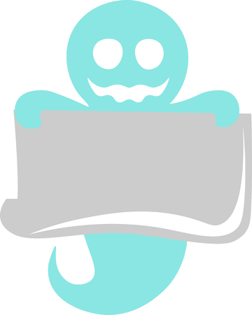 Vector full length illustration of one drawn sky blue color smiling ghost as halloween holiday symbol holding grey paper sheet on white background copyspaceのイラスト素材