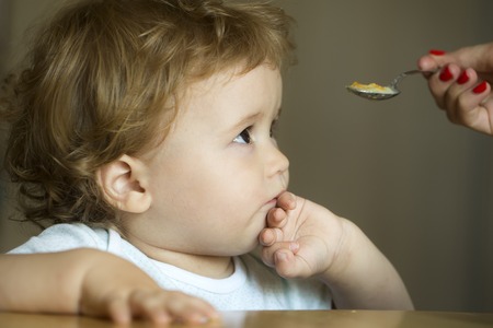 Sad frown serious cute charming little boy child with brown hair and hazel eyes looking at spoon holding by mother hand and cover mouth by his palm on grey background indoor, horizontal pictureの写真素材
