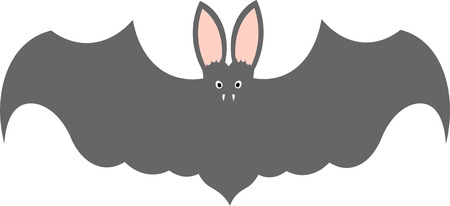 Vector silhouette illustration of one drawn grey color flying bat with big wings pink ears and eyes as halloween holiday symbol on white backgroundのイラスト素材