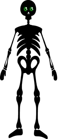 Vector silhouette full length illustration of one drawn black color standing human skeleton with bones and round green eyes as halloween holiday symbol on white backgroundのイラスト素材