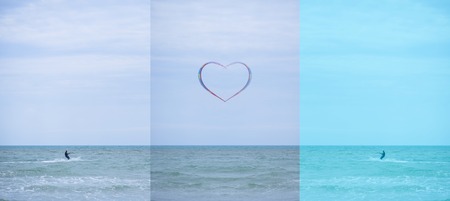 Collage of three vertical colorful pictures of sportive paraglider holding parashute in shape of heart training in sea torquoise wavy water on cloudless blue sky backgroundの写真素材