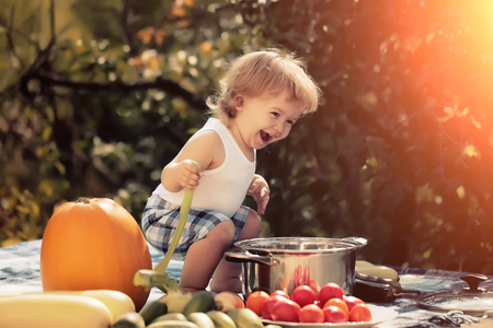 One playing boy at picnic sitting with ladle pot orange pumpkin red tomato squash and cucumber playing with food sitting on blue checkered plaid on natural background sunny day, horizontal pictureの写真素材