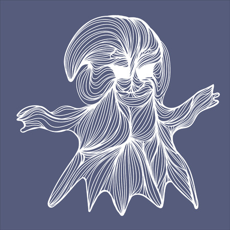 Vector illustration of one drawn from many white lines halloween holiday symbol of ghost on grey backgroundのイラスト素材