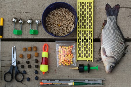 Big professional fishing set of many equipments of scissors maggots hook bait bobber jig and fresh...