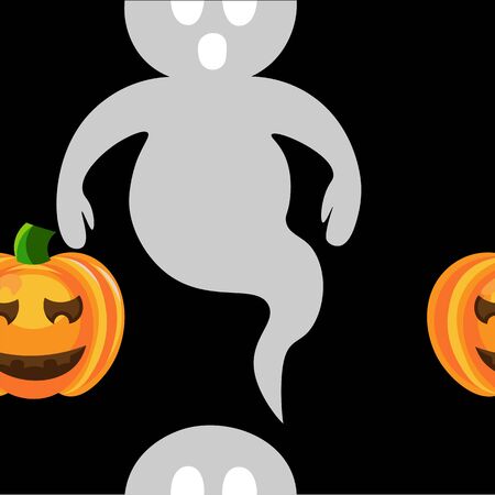 Beautiful art creative colorful halloween holiday wallpaper vector illustration of many grey ghosts and orange pumpkins on black seamless backgroundのイラスト素材