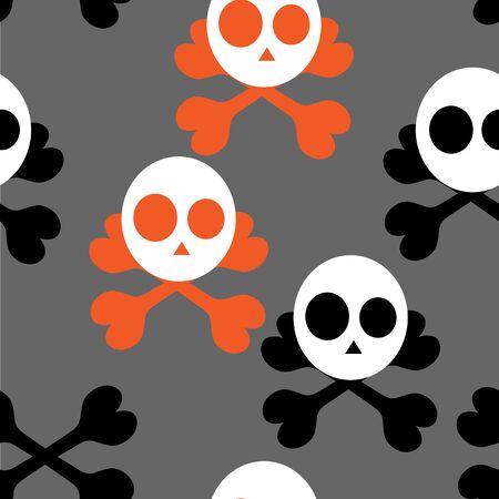 Beautiful art creative colorful halloween holiday wallpaper vector illustration of many white skulls and orange black bone crosses on grey seamless backgroundのイラスト素材