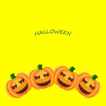 Beautiful art creative colorful halloween holiday wallpaper vector illustration of cover with orange smiling pumpkins and green text on yellow backgroundのイラスト素材