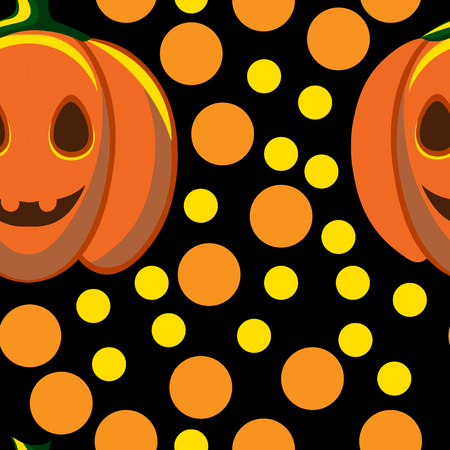 Beautiful art creative colorful halloween holiday wallpaper vector illustration of many yellow and orange rounds and pumpkins on black seamless backgroundのイラスト素材
