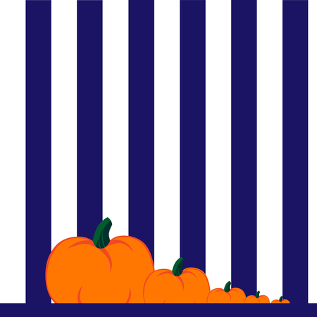 Beautiful art creative colorful halloween holiday wallpaper vector illustration of few orange pumpkins lying on ground on striped white and blue seamless backgroundのイラスト素材