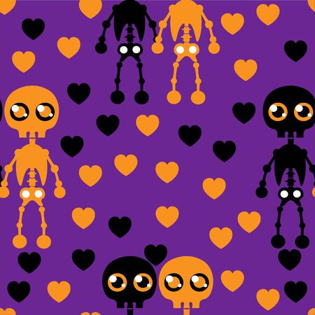 Beautiful art creative colorful halloween holiday wallpaper vector illustration of many blavk and orange skeletons and small hearts on violet seamless backgroundのイラスト素材