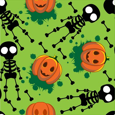 Beautiful art creative colorful halloween holiday wallpaper vector illustration of black skeletons human bones and orange pumpkins on green seamless backgroundのイラスト素材