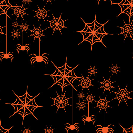 Beautiful art creative colorful halloween holiday wallpaper vector illustration of many orange spiders with web on black joinless backgroundのイラスト素材