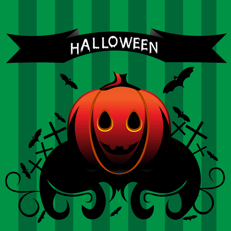 Beautiful art creative colorful halloween holiday wallpaper vector illustration of one orange pumpkin with smiling face with text on green striped backgroundのイラスト素材