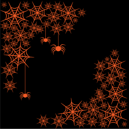 Beautiful art creative colorful halloween holiday wallpaper vector illustration frame of many orange spiders with web on black backgroundのイラスト素材
