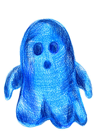 Art freehand pencil sketch outline illustration of one ghost black blue color as halloween holiday symbol with scary face on white background, vertical pictureの写真素材