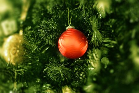 Closeup view of red christmas fir tree round decoration on green branches, horizontal pictureの写真素材