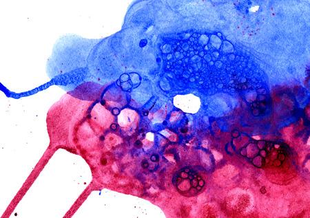 Modern abstract hand drawn watercolor aquarelle colorful decor blue and magenta splatter blots blobs stains on white background, horizontal pictureの写真素材